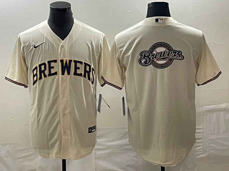 Men's Milwaukee Brewers Cream Team Big Logo Cool Base Stitched Jersey Men's Milwaukee Brewers Cream Team Big Logo Cool Base Stitched Jersey
